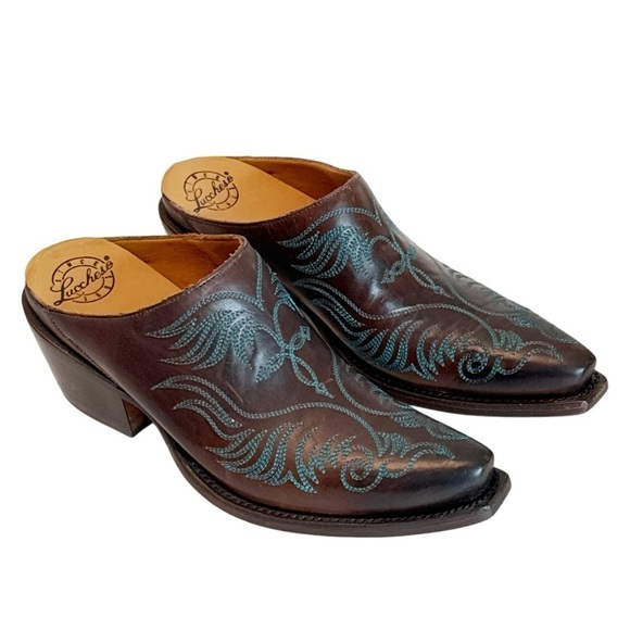 Lucchese Women's Burgundy w/Turquoise Stitched Western Mule Slide  Size 6.5B - Picture 2 of 8